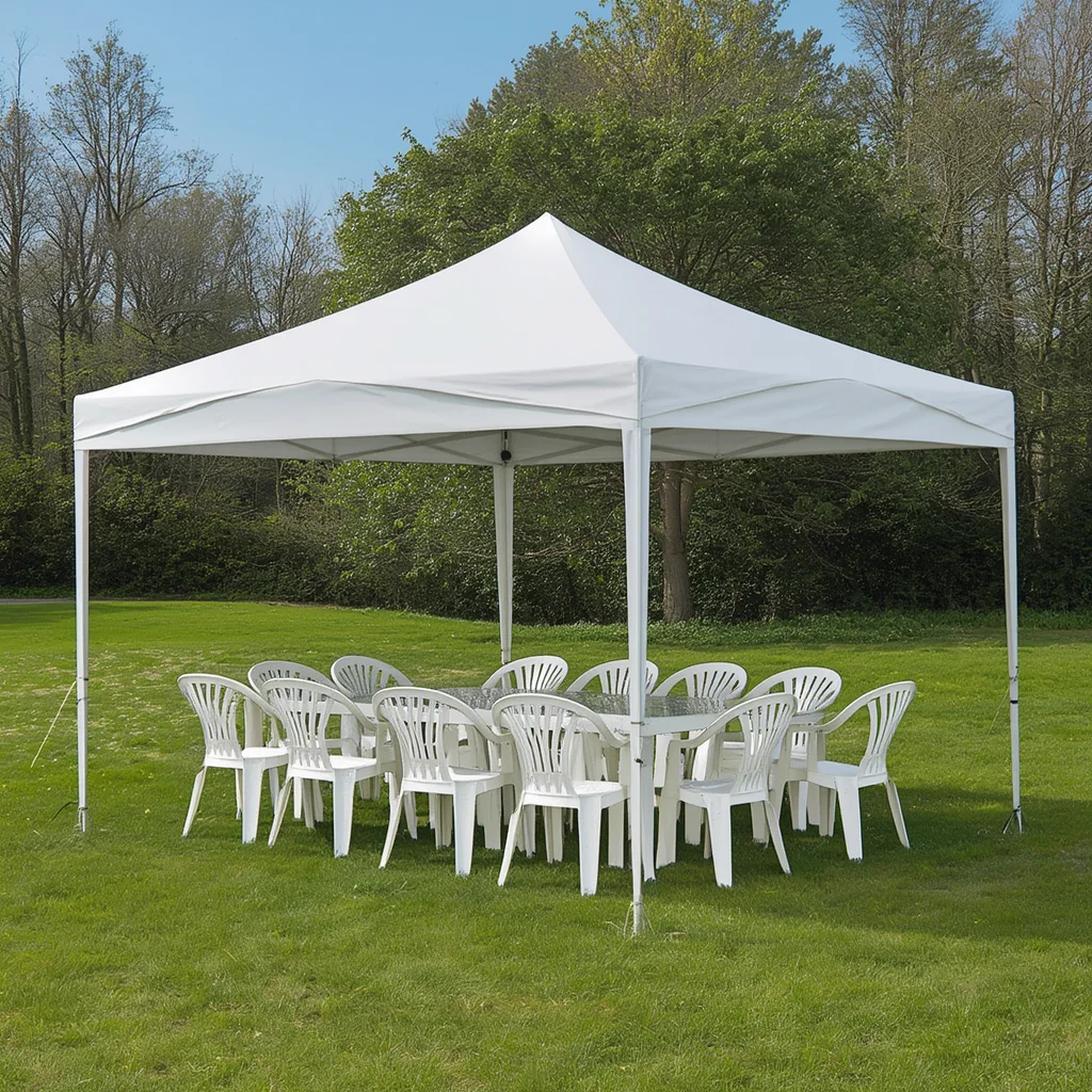 Tenda 3x3 com 10 cadeiras brancas